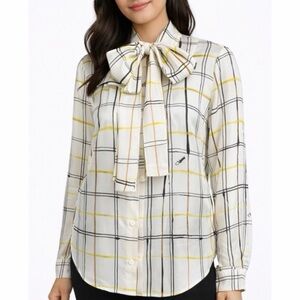 DVF • Plaid Bowtie Neck Button-Down Long Sleeve Shirt, 0